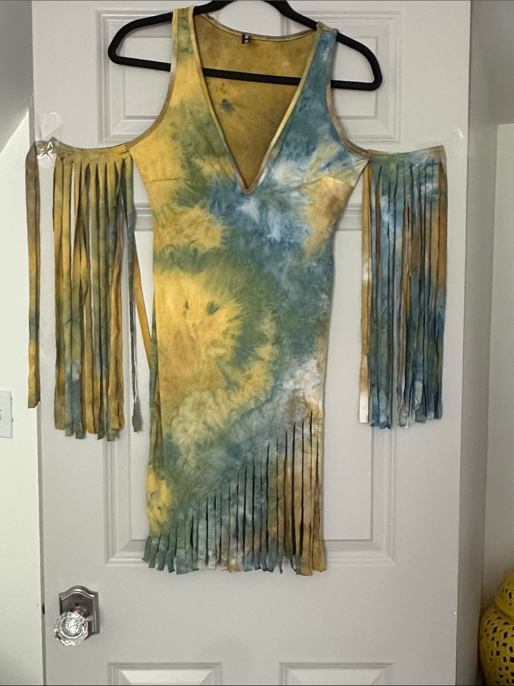 Tie-Dye Fringe Bodycon Dress in Yellow & Blue
